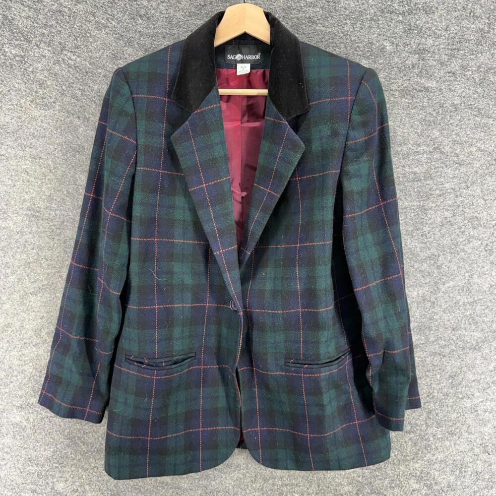 Sag Harbor Blazer Women 8 Blue Plaid One Button Collared Long Sleeve Wool Lined